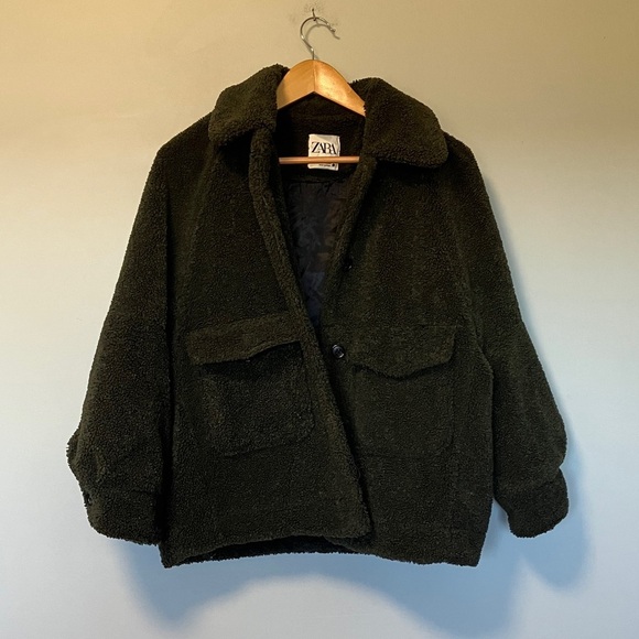 Zara Olive Army Green Fleece Jacket Coat - Picture 1 of 6